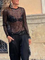 Damen-Paillettenbluse mit geradem Schnitt und langen Ärmeln – Schwarz