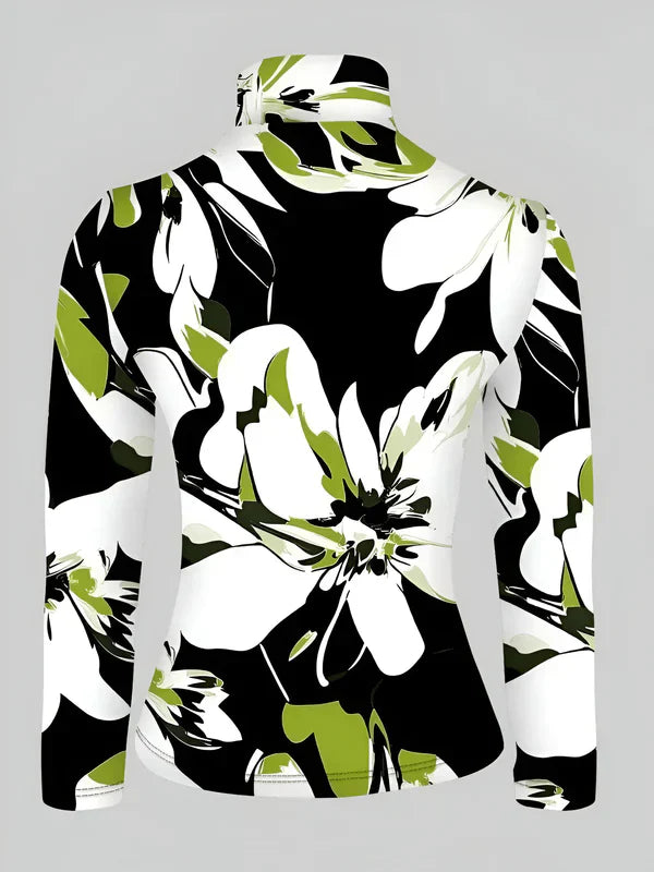 Risa - sexy rollkragen-langarm-t-shirt mit hohem kragen und blumendruck