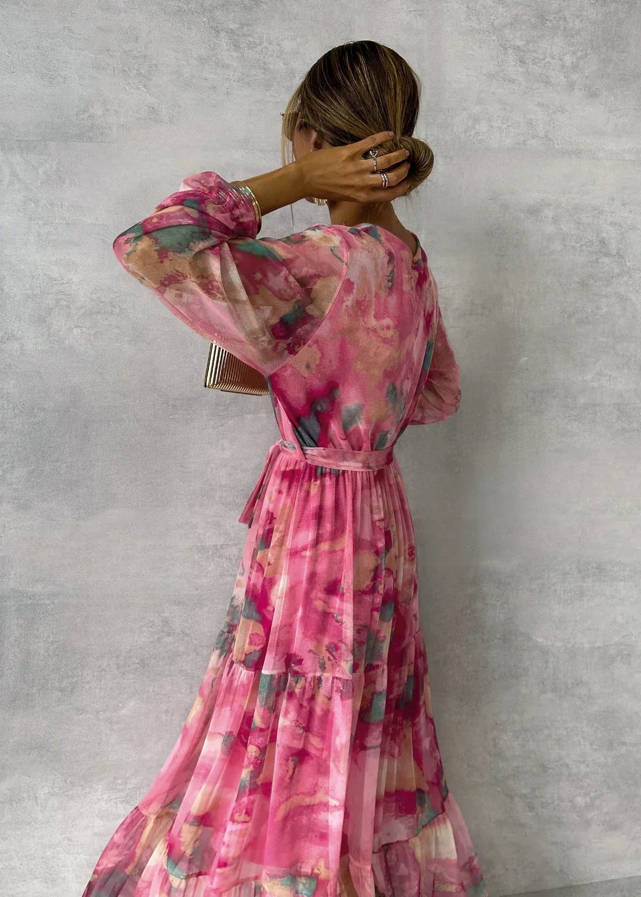 Damen Maxi-Wickelkleid mit Blumenmuster, V-Ausschnitt, Langarm