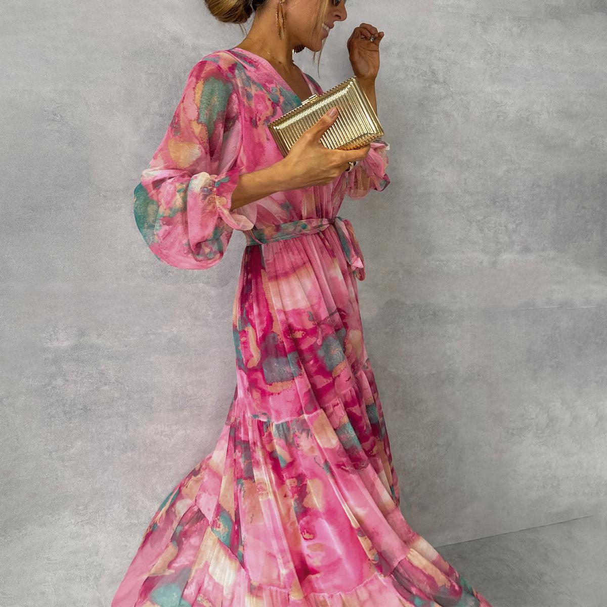 Damen Maxi-Wickelkleid mit Blumenmuster, V-Ausschnitt, Langarm