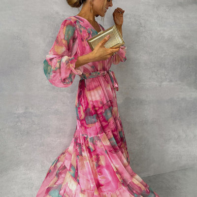 Damen Maxi-Wickelkleid mit Blumenmuster, V-Ausschnitt, Langarm