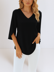 Damen Leichte Bluse Mit V Ausschnitt Und Langarm – Schwarz