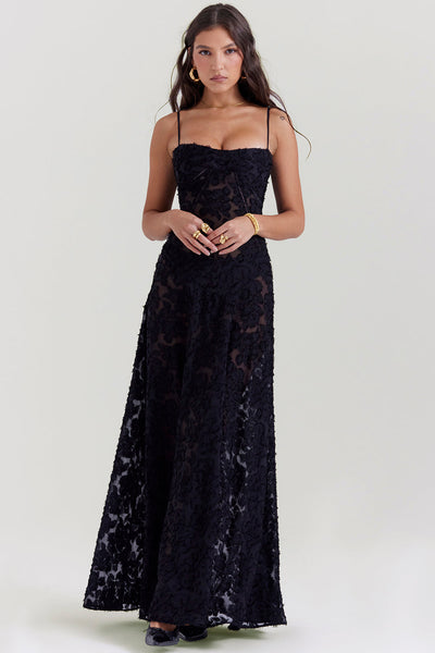 Elegantes Maxikleid mit 3D-Rosen & Rückenausschnitt