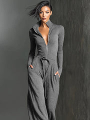 Glitzernder Strick-Jumpsuit mit weitem Bein für Damen | Reißverschluss vorne – Hellgrau