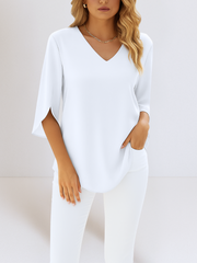 Damen Leichte Bluse Mit V Ausschnitt Und Langarm – Weiß