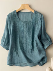 Gretchen - Stilvolle bestickte Bluse mit 3/4-Ärmeln für Damen – Blau