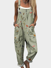 Damen Locker Geschnittene Blumen Latzhose – Lässiger Weite-Bein Overall – Grün