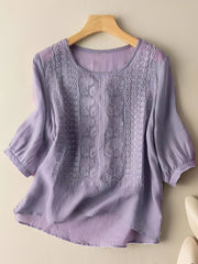 Gretchen - Stilvolle bestickte Bluse mit 3/4-Ärmeln für Damen – Lila