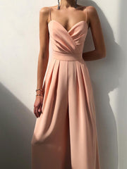 Heidi-Mode | Damen Eleganter Fließender Jumpsuit mit Spaghettibändern für Festliche Anlässe – Hellrosa