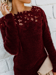 lässiger Spitzen-Ausschnitt langärmeliger Pullover – Burgunder