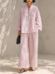 Damen gestreiftes Langarmoberteil & weite Hose Set mit Taschen – Rosa