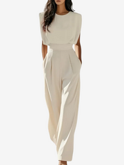Ärmelloser Damen-Jumpsuit mit hohem Kragen und Gürtel – Elegante Abendgarderobe – Beige