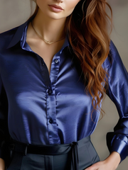 Lange Ärmelbluse aus schwarzem Satin für Damen – Marineblau