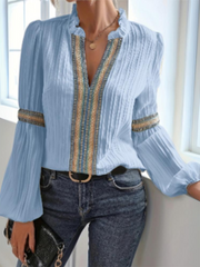 Damen Boho Chiffonbluse – Langarm Leichtes Lässiges Top – Blau