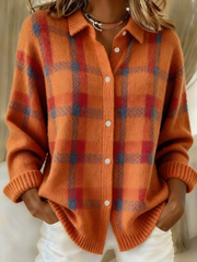 Wulftraud | Damen Karo Strickjacke mit Knopfleiste – Orange