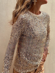 Damen-Paillettenbluse mit geradem Schnitt und langen Ärmeln – Gold