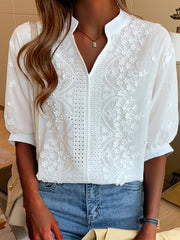 Susanne | Damen V-Ausschnitt Puffärmel Bluse – Weiß