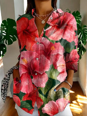 Damen Geblümte Bluse Mit Knopfleiste – Rosa Blumen
