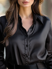 Lange Ärmelbluse aus schwarzem Satin für Damen – Schwarz