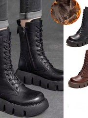 Lena | Dicke Sohle Seitlicher Reißverschluss Damenstiefel – Schwarz +Braun