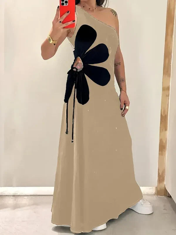 Maggie - modisches rotes damenkleid mit einer schulter und rosa blumendruck, ärmellos