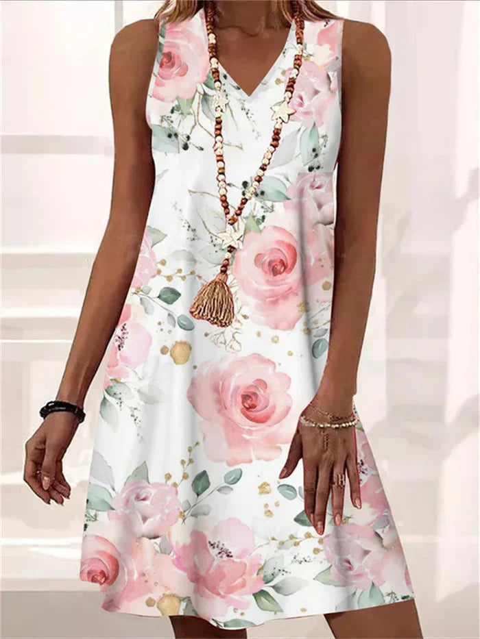 Elara – Klassisches Kleid mit V-Ausschnitt und Blumenmuster