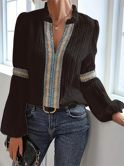 Damen Boho Chiffonbluse – Langarm Leichtes Lässiges Top – Schwarz