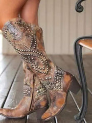 Karla | Damen Western-Stiefeletten mit Nieten und High Heels – Braun