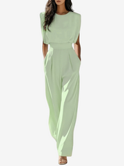 Ärmelloser Damen-Jumpsuit mit hohem Kragen und Gürtel – Elegante Abendgarderobe – Hellolivgrün