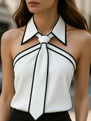 Halter-Bluse für Damen | Ärmelloses Oberteil mit Kontrastbesatz – Weiß