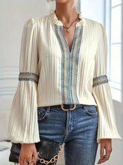 Damen Boho Chiffonbluse – Langarm Leichtes Lässiges Top – Beige