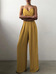 Heidi-Mode | Damen Eleganter Fließender Jumpsuit mit Spaghettibändern für Festliche Anlässe – Gelb
