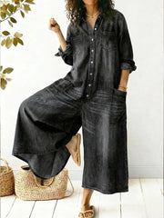 Damen Lässiger Weit Geschnittener Denim Jumpsuit – Bequeme Passform Outfit – Schwarz