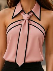 Halter-Bluse für Damen | Ärmelloses Oberteil mit Kontrastbesatz – Rosa