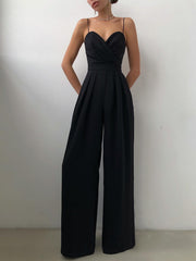 Heidi-Mode | Damen Eleganter Fließender Jumpsuit mit Spaghettibändern für Festliche Anlässe – Schwarz