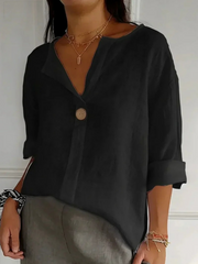Damen V Ausschnitt Langarm Bluse – Schwarz