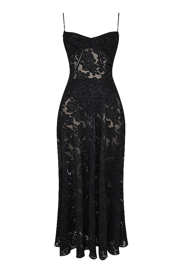 Elegantes Maxikleid mit 3D-Rosen & Rückenausschnitt