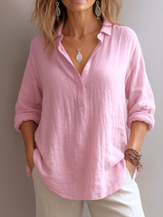 Damen V-Ausschnitt Langarm Leinen Bluse – Rosa