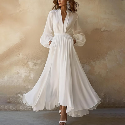 Vintage schlichtes weißes Maxikleid mit V-Ausschnitt für Damen