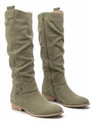 Zara | Elegante kniehohe Slouch-Stiefel mit niedrigem Blockabsatz – Dunkelgrün