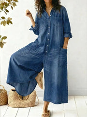 Damen Lässiger Weit Geschnittener Denim Jumpsuit – Bequeme Passform Outfit – Blau