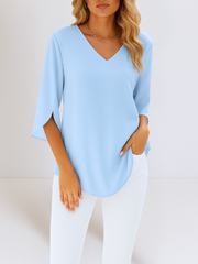 Damen Leichte Bluse Mit V Ausschnitt Und Langarm – Blau