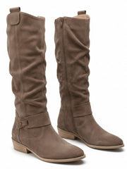 Zara | Elegante kniehohe Slouch-Stiefel mit niedrigem Blockabsatz – Taupe