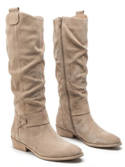 Zara | Elegante kniehohe Slouch-Stiefel mit niedrigem Blockabsatz – Beige