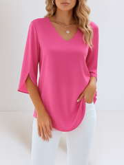 Damen Leichte Bluse Mit V Ausschnitt Und Langarm – Rosa