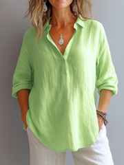 Damen V-Ausschnitt Langarm Leinen Bluse – Grun