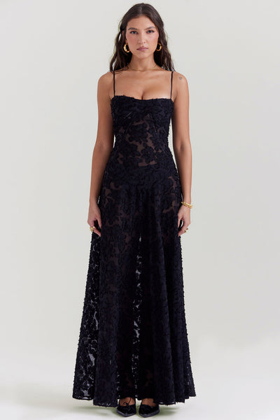 Elegantes Maxikleid mit 3D-Rosen & Rückenausschnitt