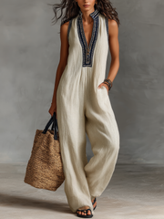 Ärmelloser Jumpsuit aus Leinenmischung mit Stickerei und Reißverschluss für Damen – Beige
