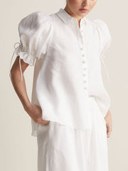 Damen Bluse Mit Puffärmeln Und Kordelzug Kurzarm Mit Knöpfen – Elegantes Top – Weiß