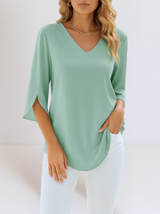 Damen Leichte Bluse Mit V Ausschnitt Und Langarm – Grun
